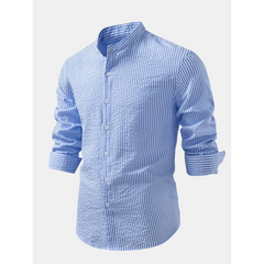 Striped Seersucker Stand Collar Shirt & Straight Leg Linen Pants - 2 Piece Smart Casual Outfit