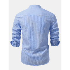 Striped Seersucker Stand Collar Shirt & Straight Leg Linen Pants - 2 Piece Smart Casual Outfit