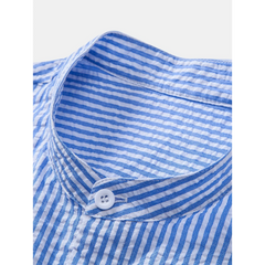 Striped Seersucker Stand Collar Shirt & Straight Leg Linen Pants - 2 Piece Smart Casual Outfit