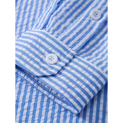 Striped Seersucker Stand Collar Shirt & Straight Leg Linen Pants - 2 Piece Smart Casual Outfit