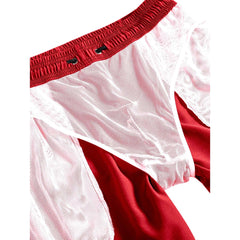 Interior mesh lining detail of red swim shorts