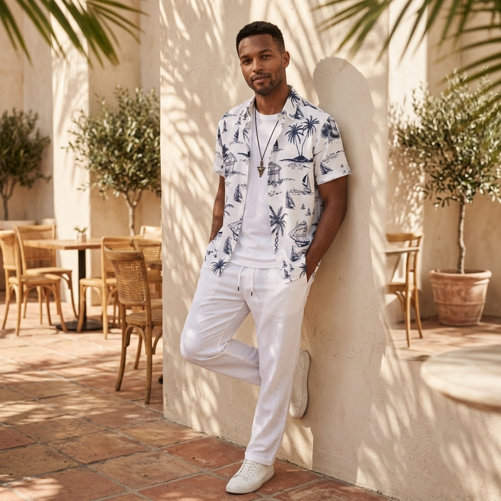 A man stands outdoors against a beige wall wearing a white short-sleeve button-up shirt with a blue tropical palm tree print, white drawstring pants, and white sneakers.