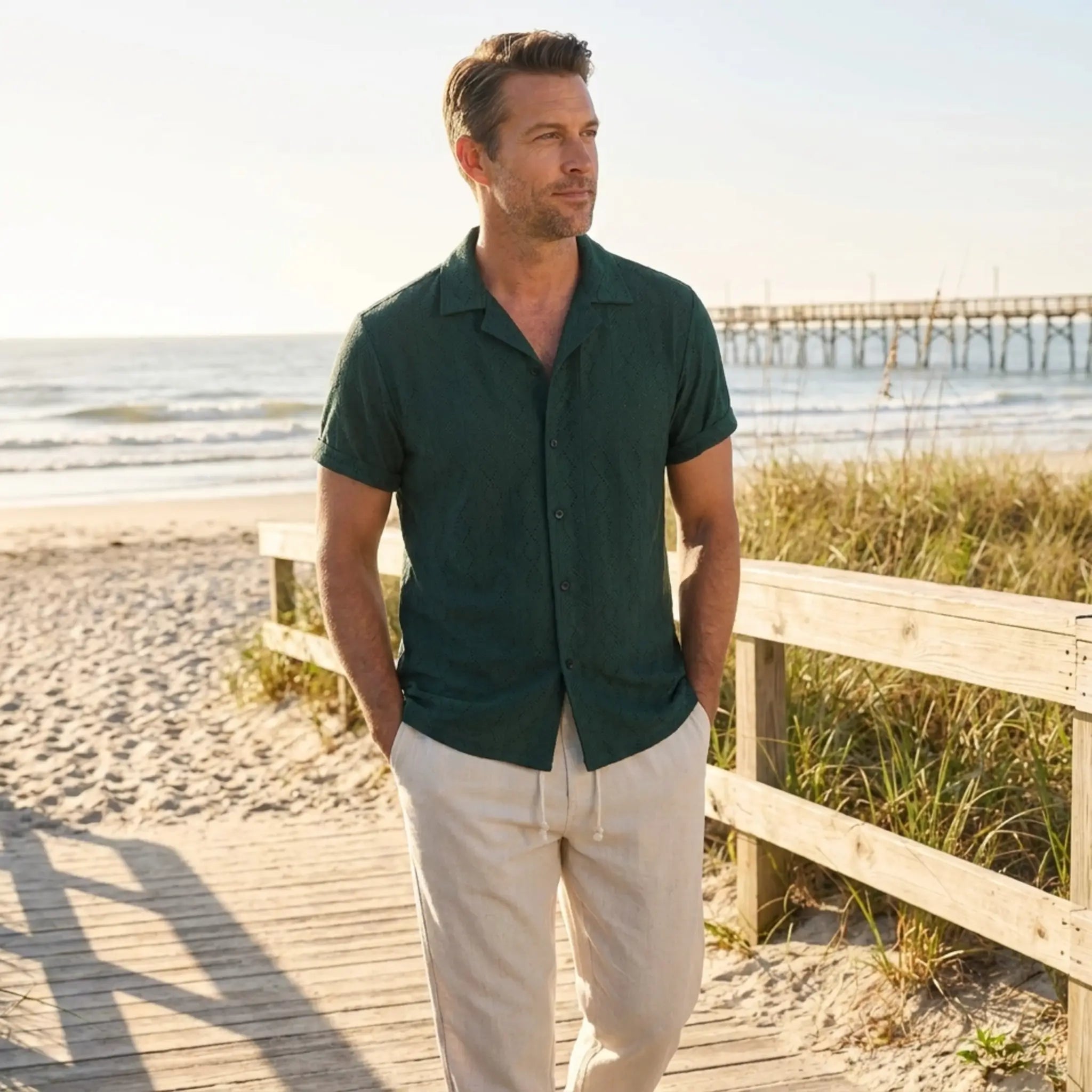 Man in a green shirt and beige pants standing on a wooden boardwalk by the beach.