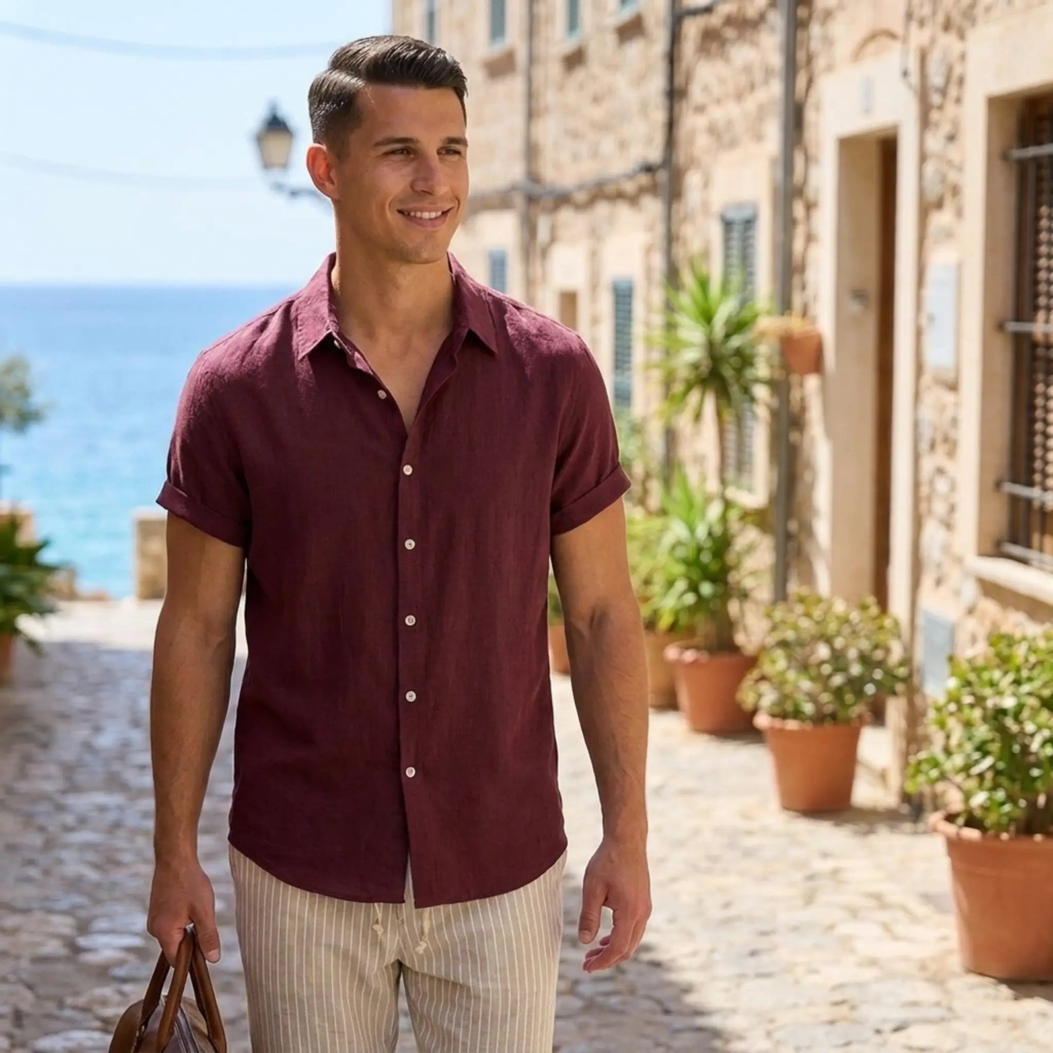 Man in maroon shirt and light pants standing on a beach boardwalk with ocean in the background.