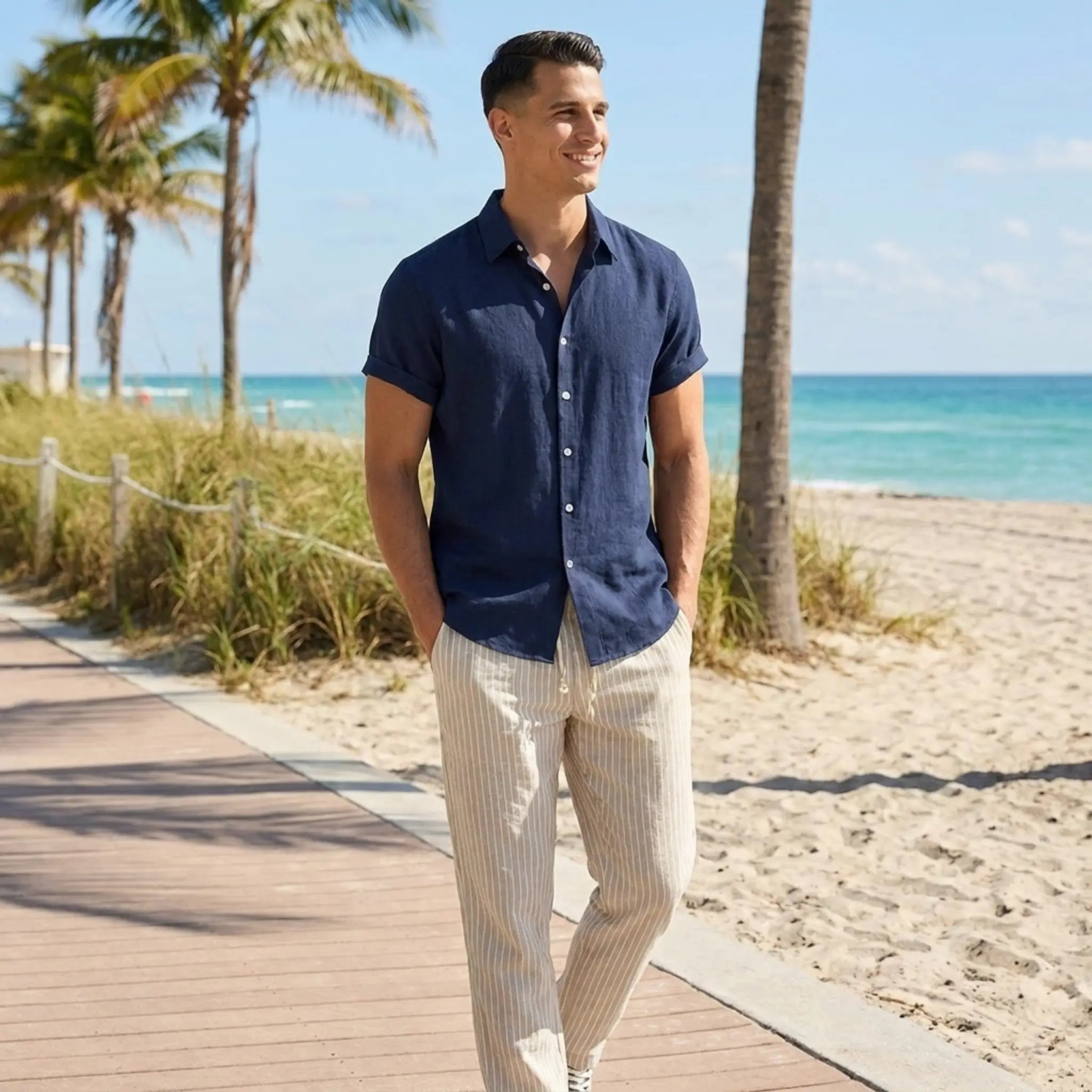 Man in navy shirt and light pants standing on a beach boardwalk with palm trees and ocean in the background.