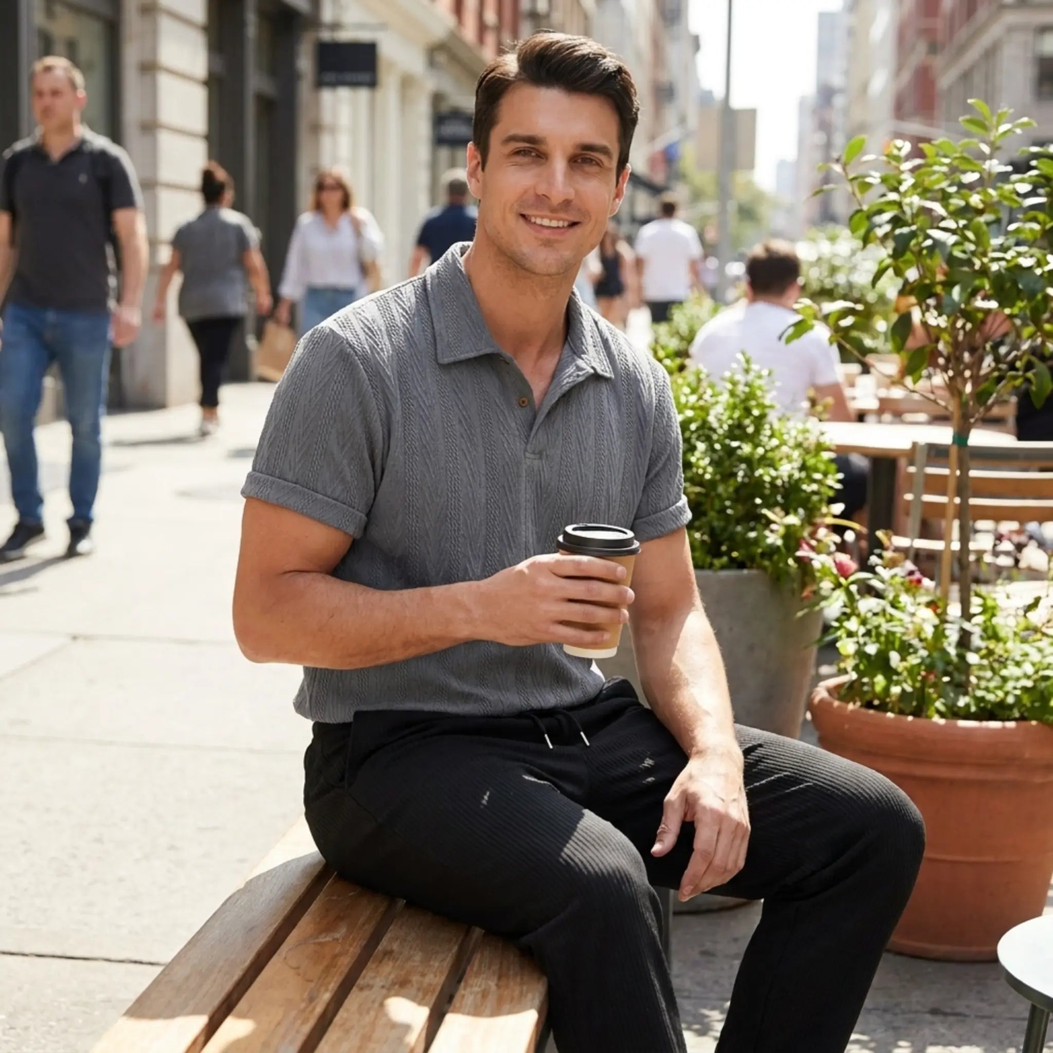 Man sitting on a bench wearing grey polo shirt and black pants holding a coffee cup in an urban setting