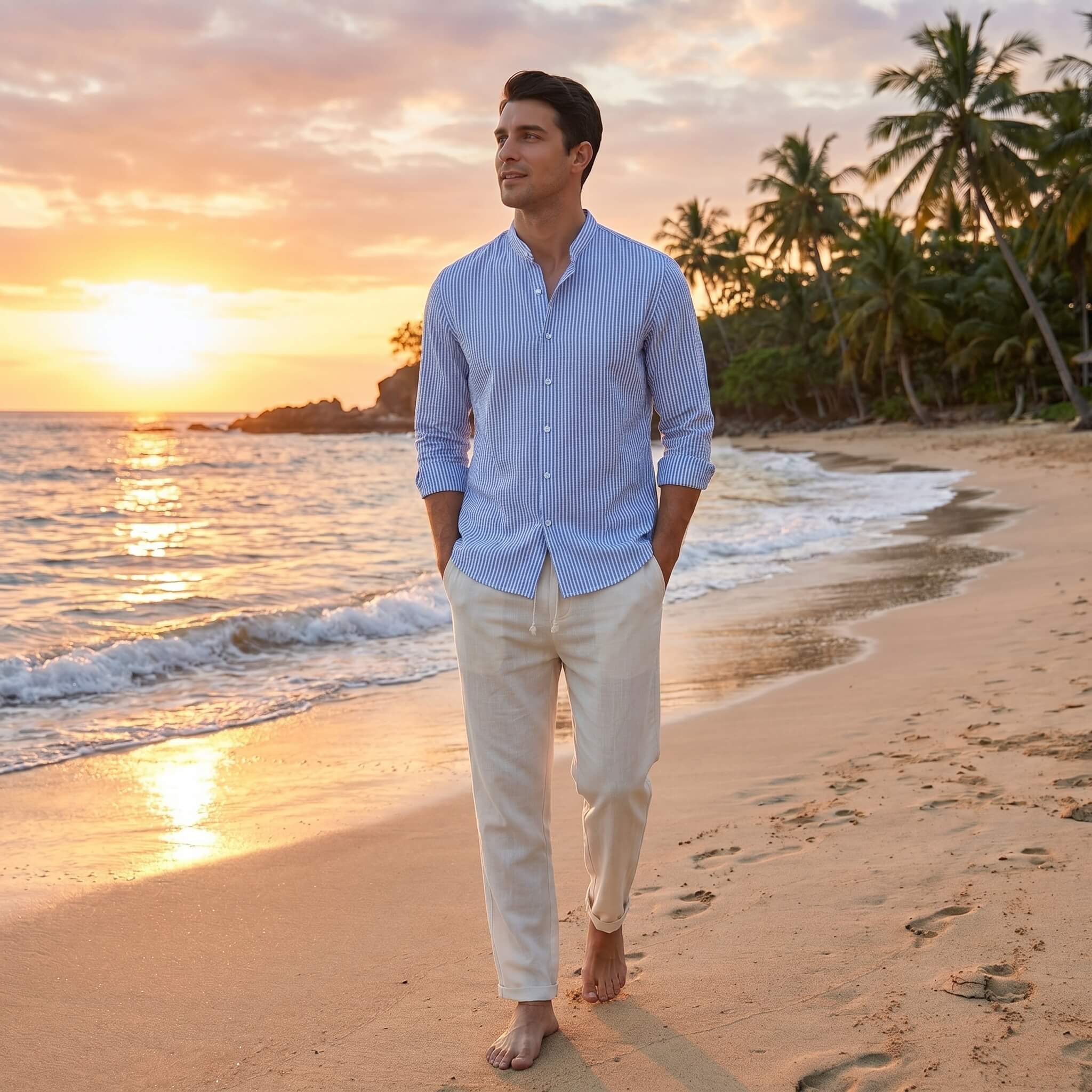 Man standing on a beach at sunset with palm trees in the background