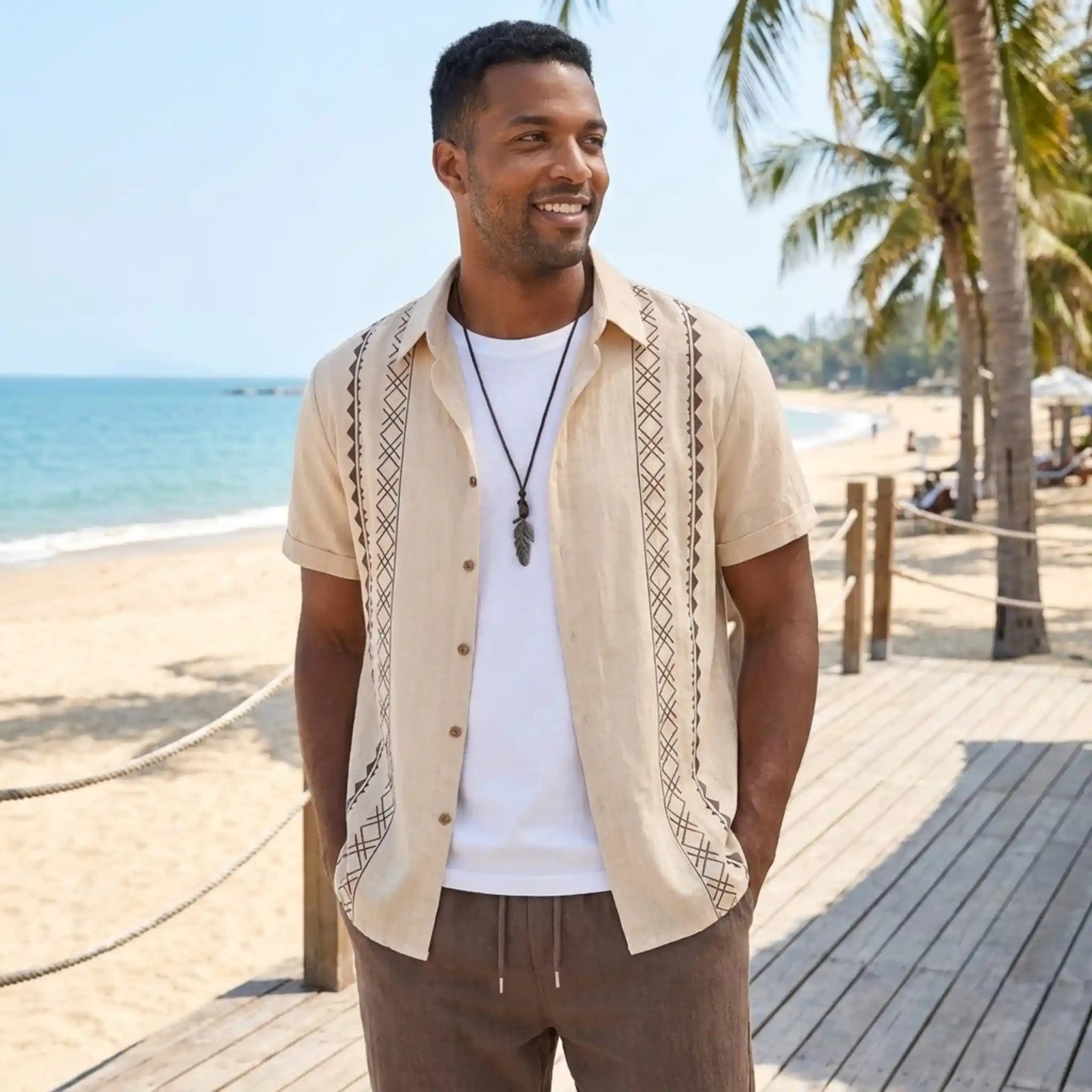 Man standing on a beach with palm trees and ocean in the background