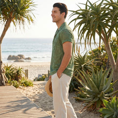 Man standing on a sandy path with beach and ocean view, surrounded by tropical plants.