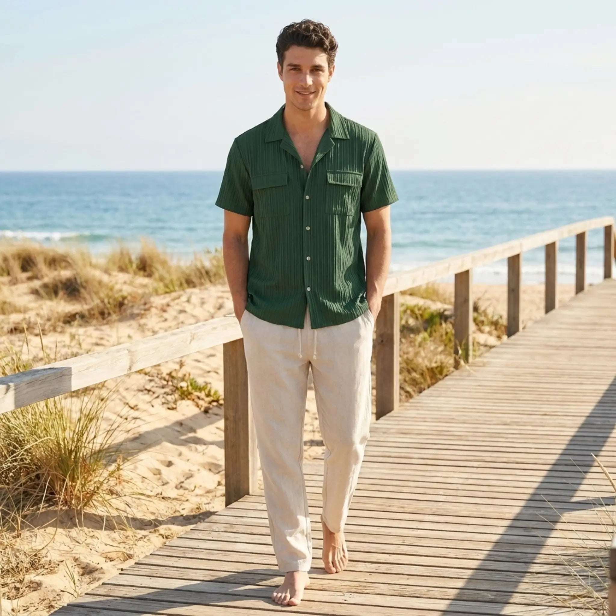 Man standing on a wooden boardwalk by the beach wearing a green shirt and beige pants.