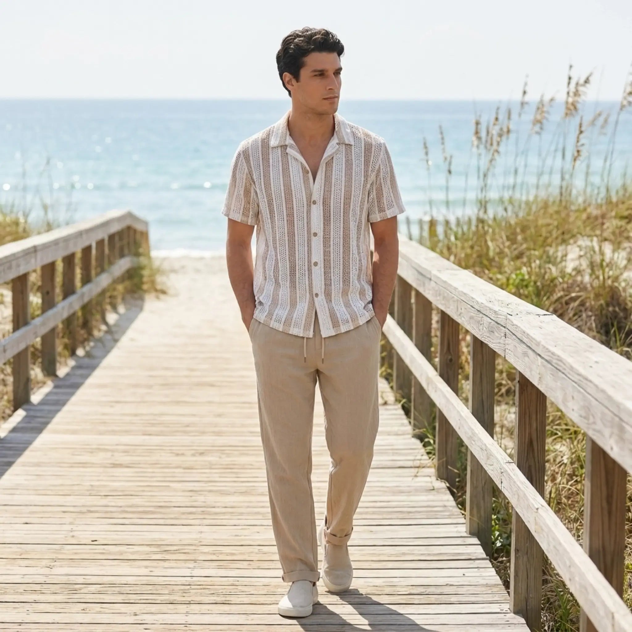 Man walking on a wooden boardwalk by the beach