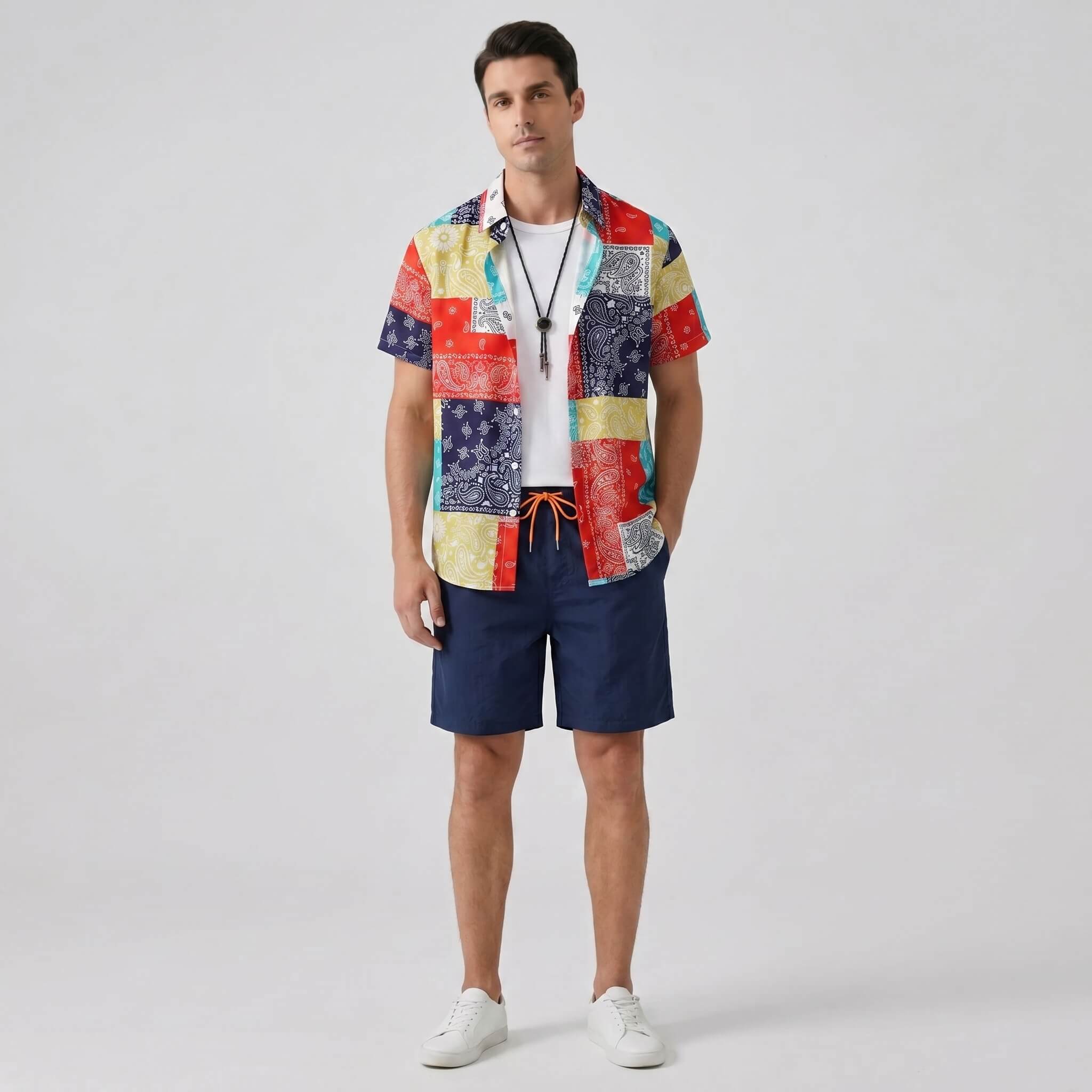 Man wearing a colorful patchwork shirt and navy shorts on a light gray background
