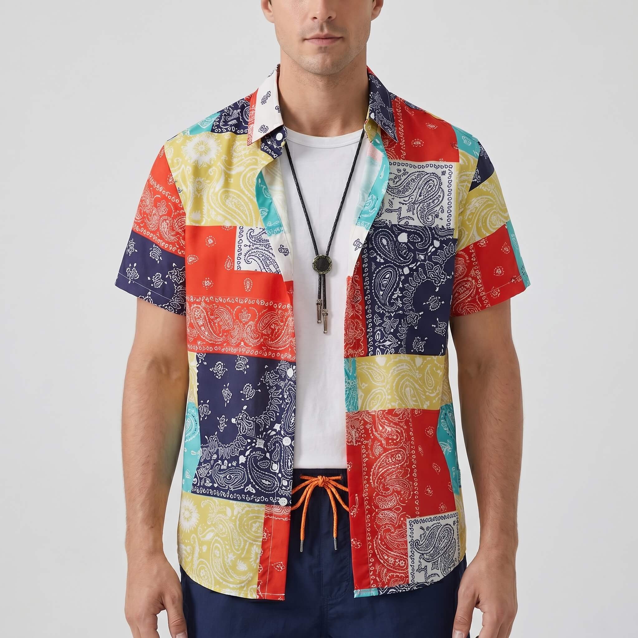 Man wearing a colorful patterned shirt with a plain background