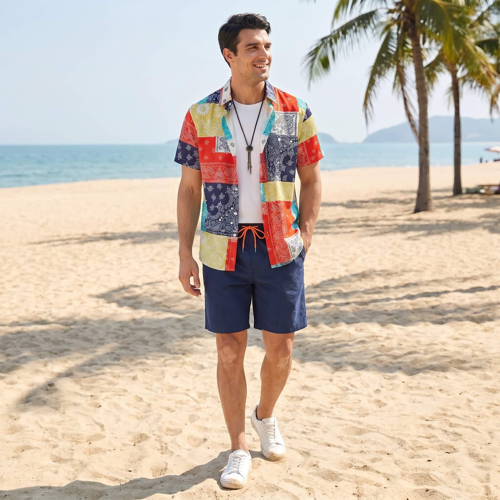 Man wearing a colorful shirt and navy shorts on a beach with palm trees and ocean in the background.