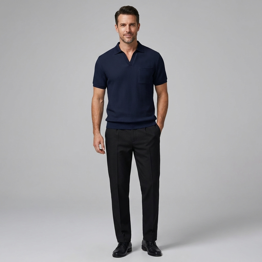 Man wearing a navy polo shirt and black pants on a gray background