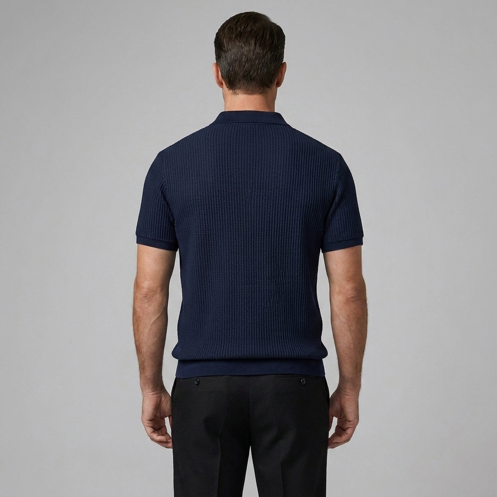 Man wearing a navy ribbed knit polo shirt on a gray background