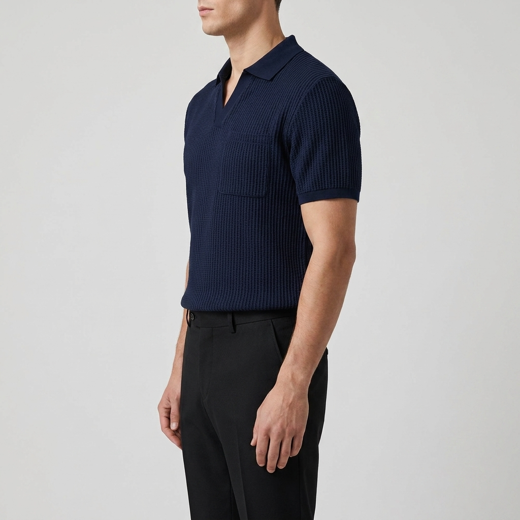 Man wearing a navy ribbed short-sleeve shirt and black pants on a light gray background
