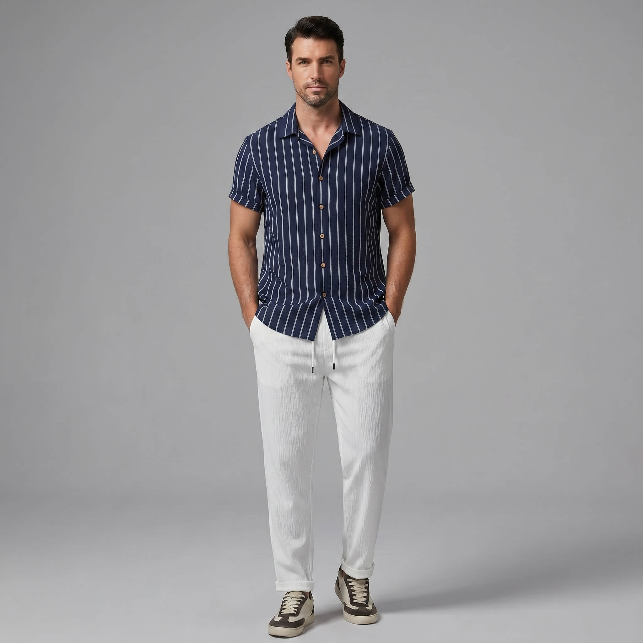 Man wearing a navy striped shirt and white pants on a gray background
