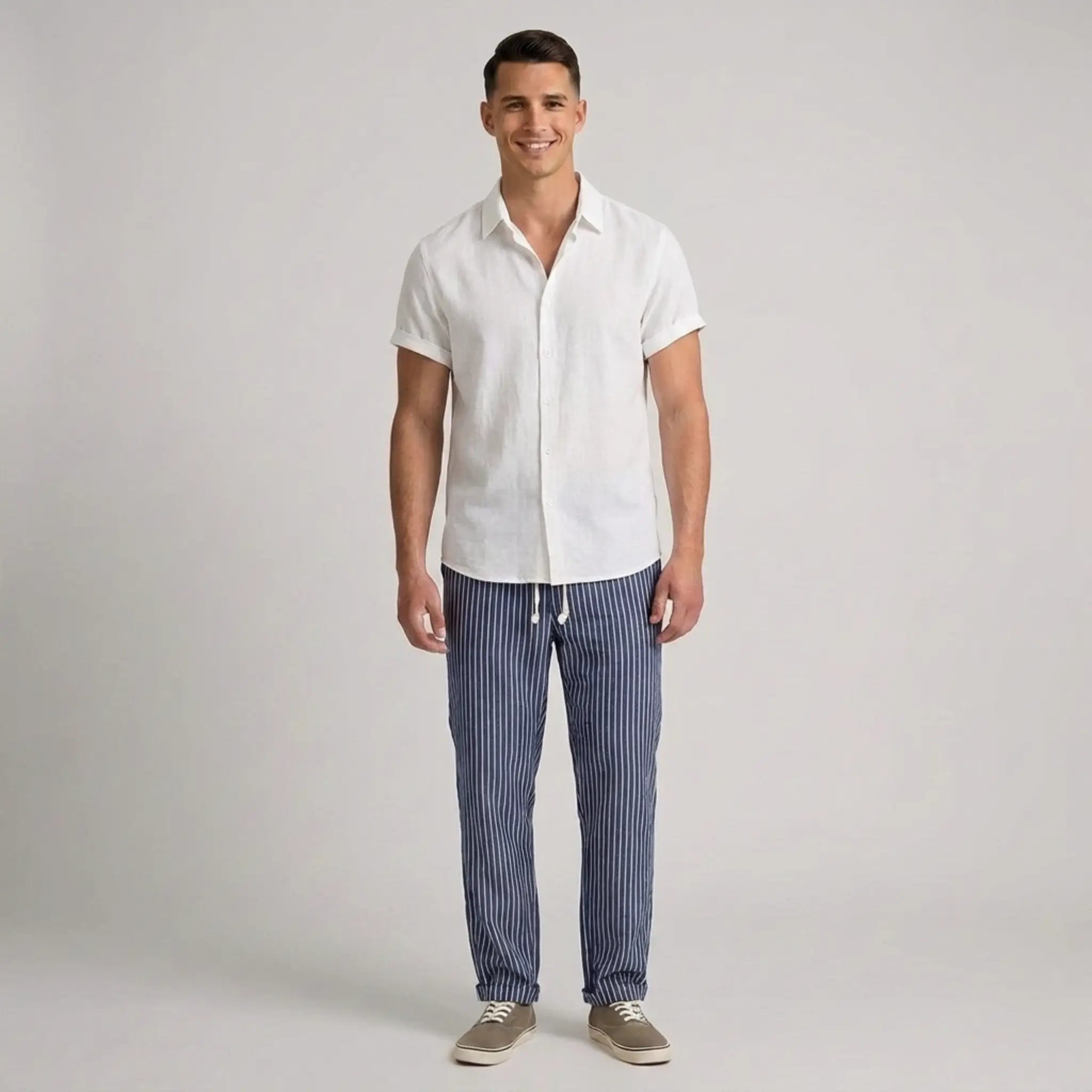 Man wearing a white shirt and blue striped pants on a plain background