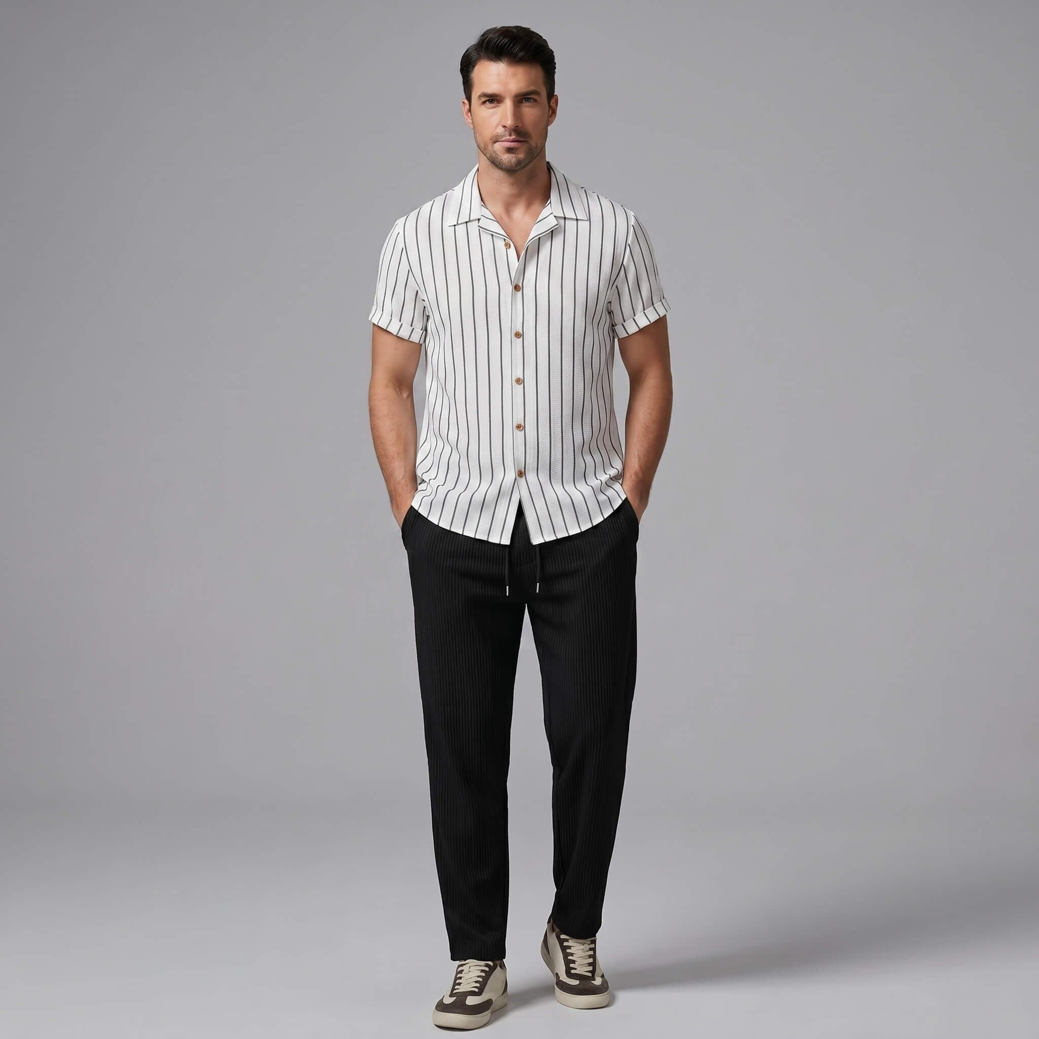 Man wearing a white striped shirt and black pants on a gray background