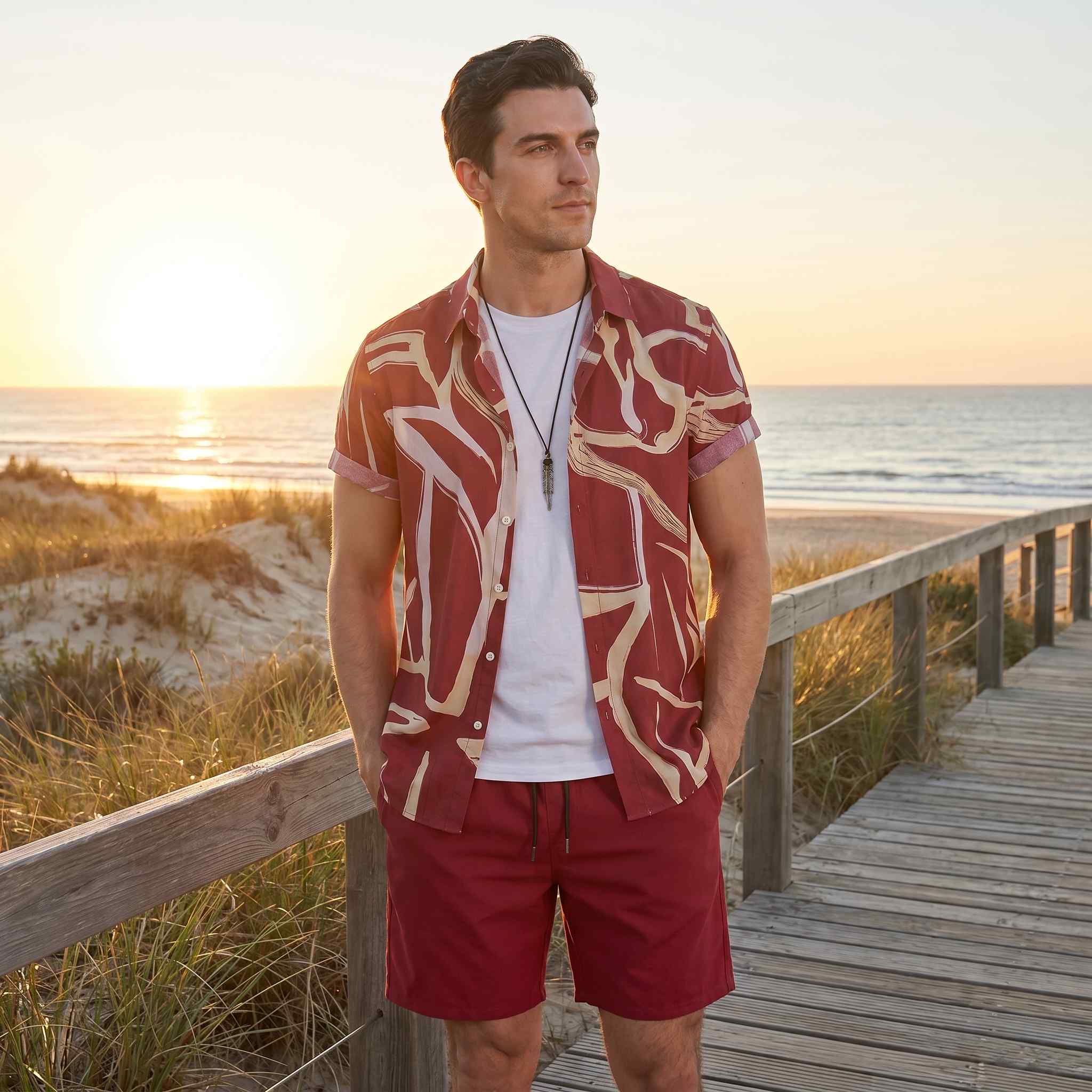 Men wearing abstract print button up shirt with red shorts front pose