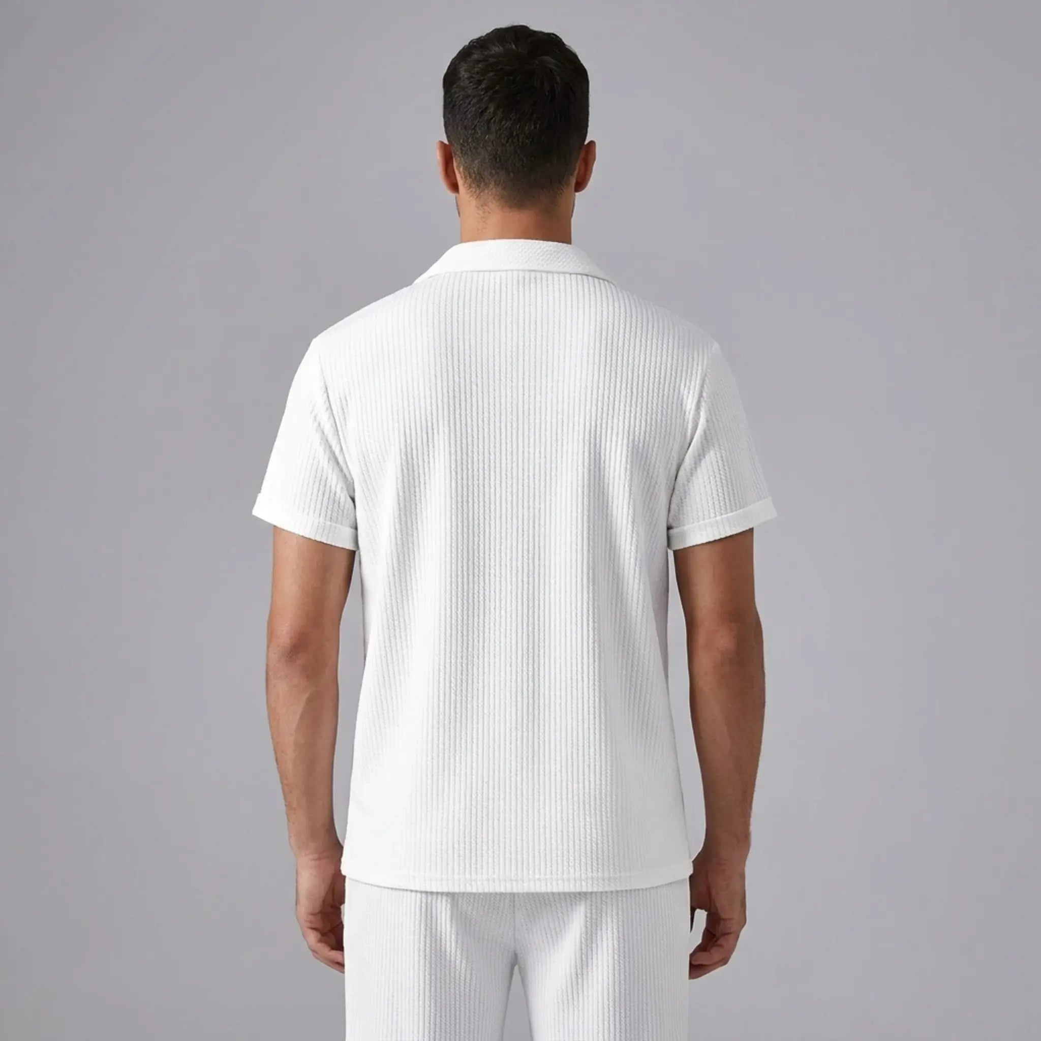Model wearing white polo shirt and pant  back view on white background with front view