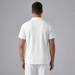Model wearing white polo shirt and pant  back view on white background with front view