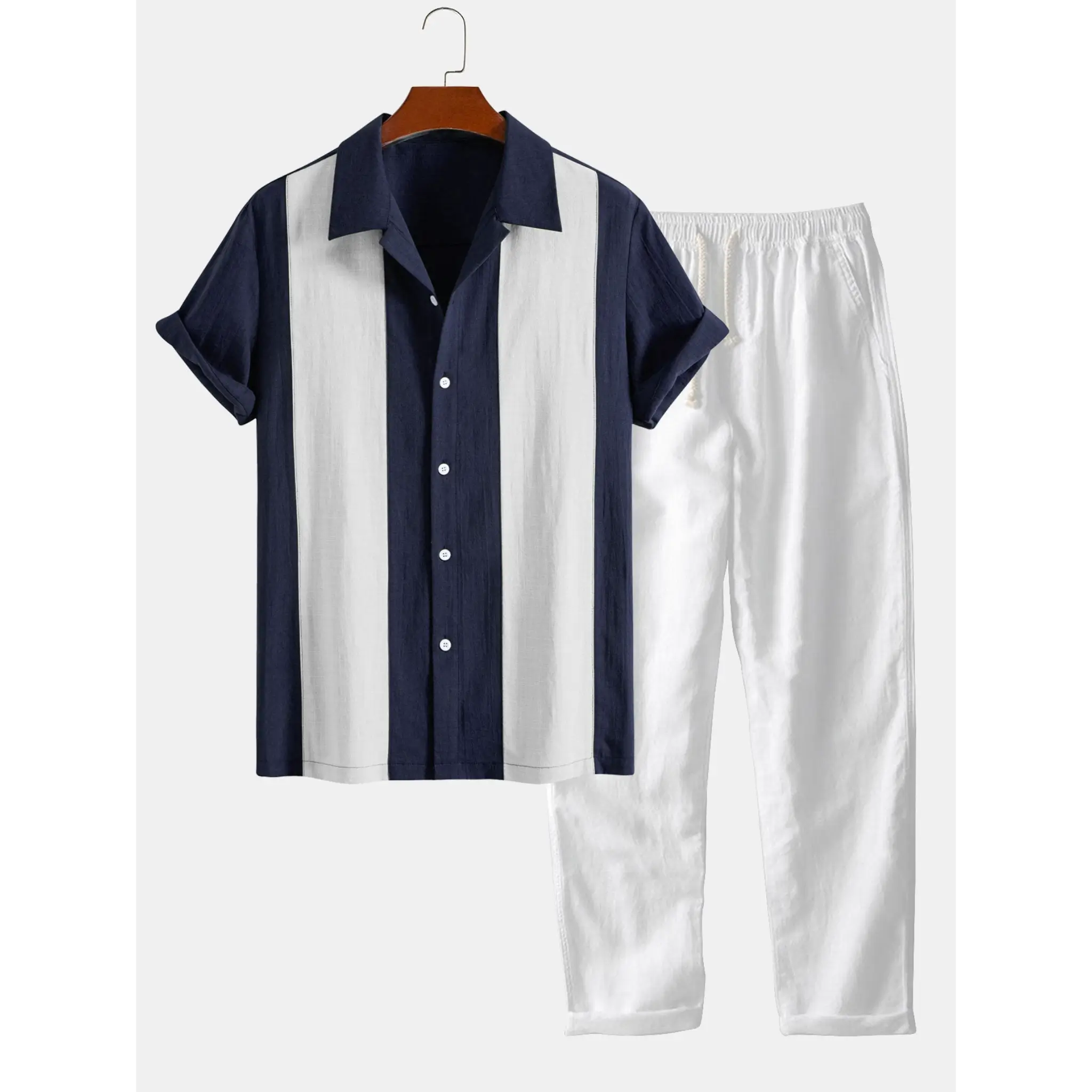 Navy blue and white striped shirt with matching pants on a hanger against a white background