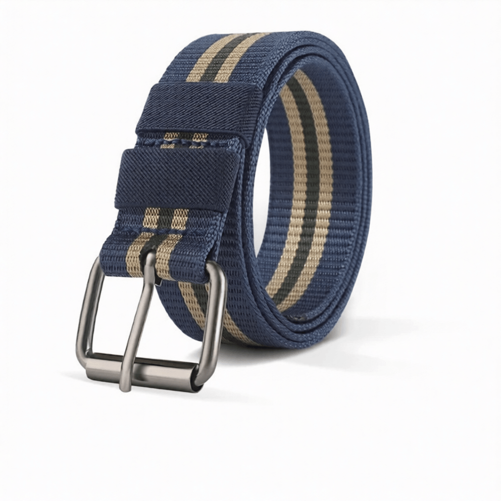 Navy blue belt with gold stripes and a silver buckle on a white background