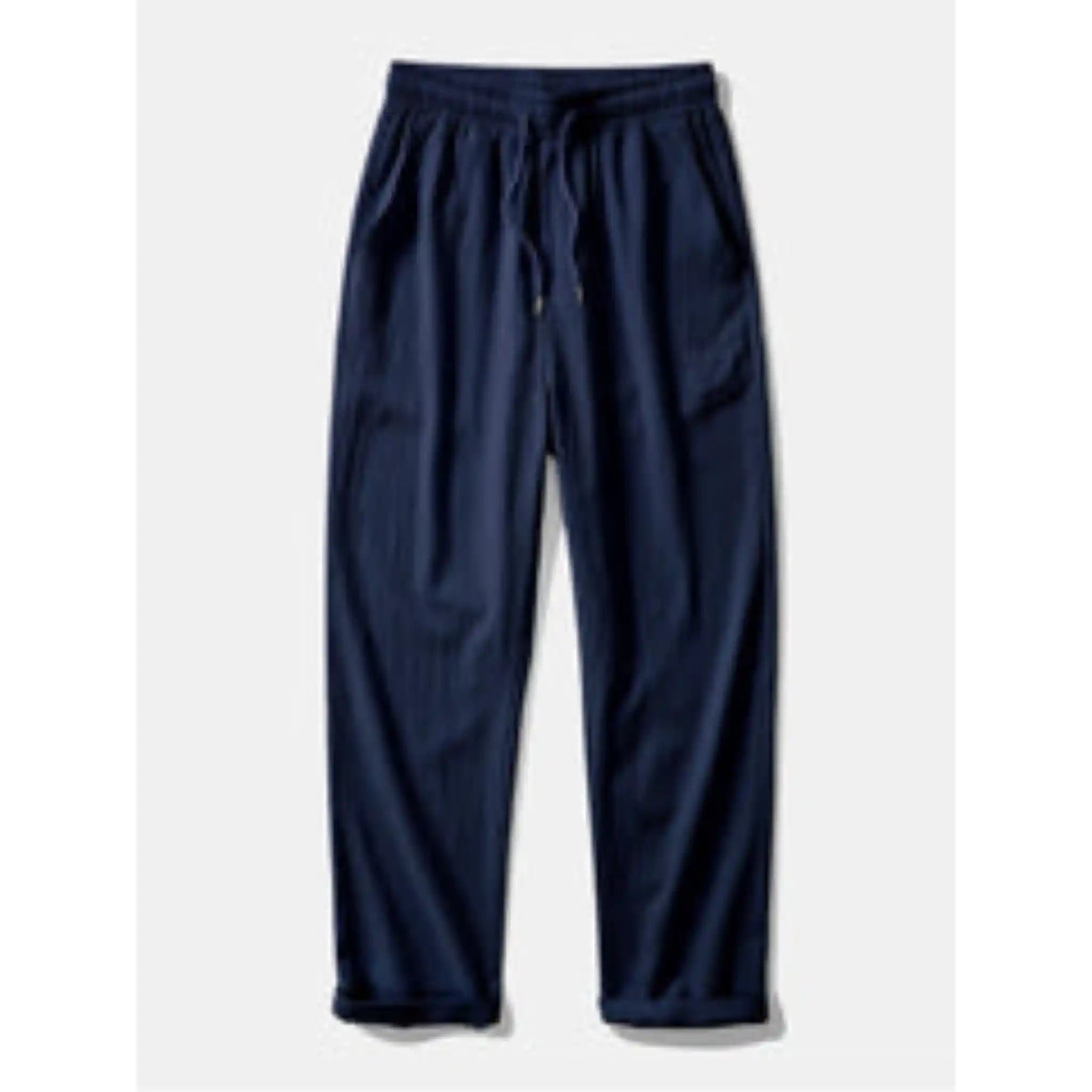 Navy blue pants on a light gray background