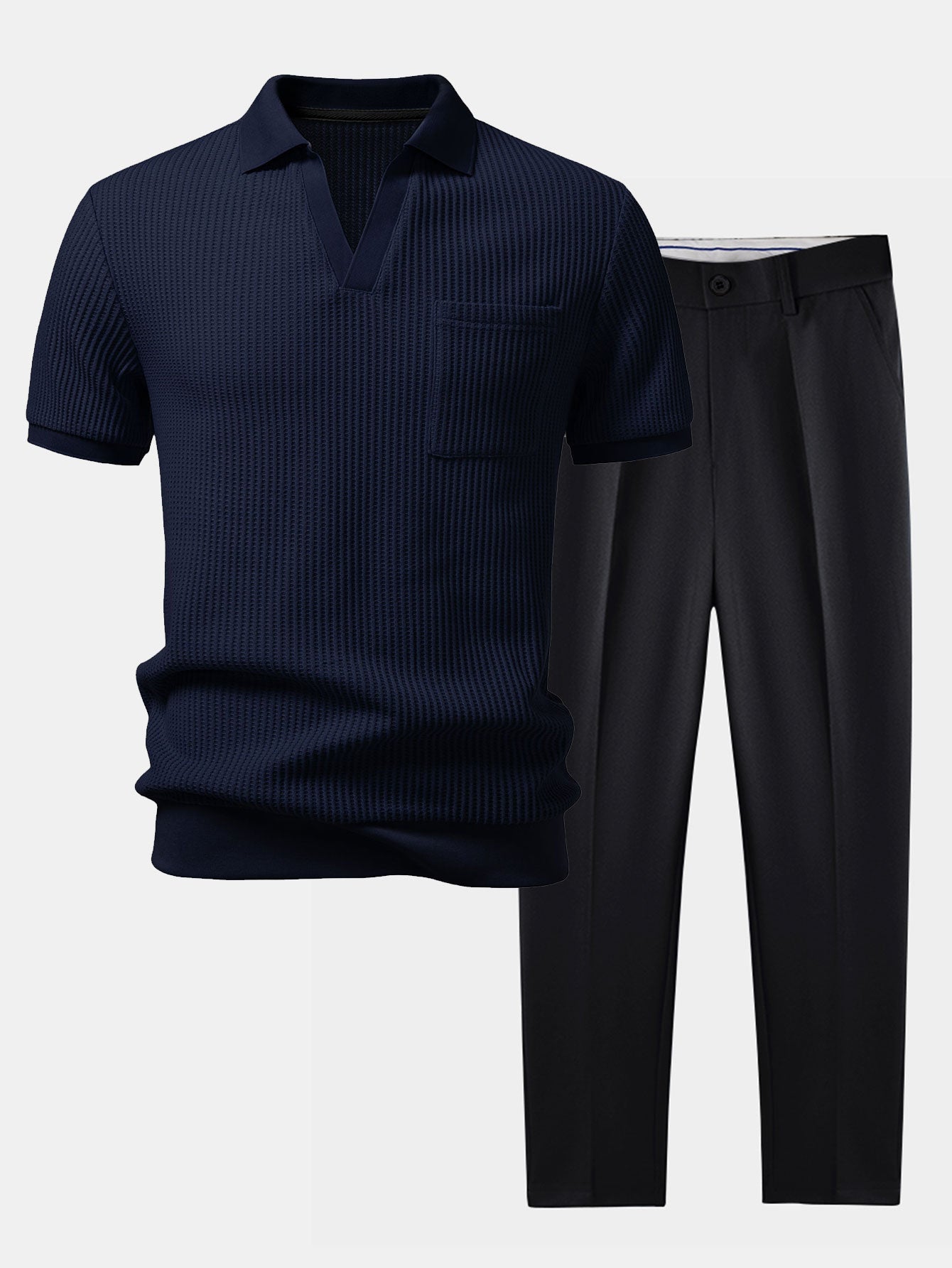 Navy blue polo shirt and black pants on a light gray background