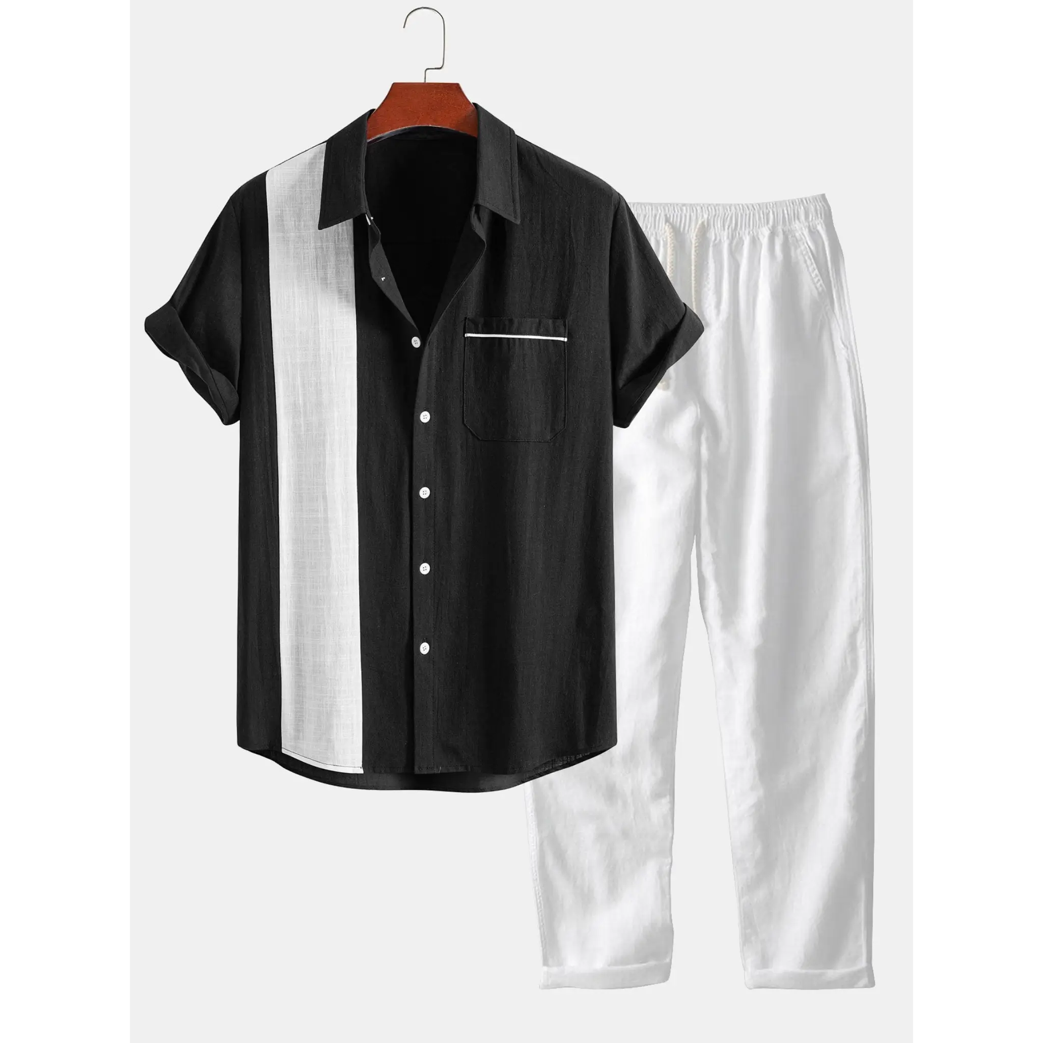 Navy and white striped shirt with matching pants on a hanger against a white background