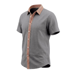 Contrast Collar Linen Blend Shirt - Short Sleeve Casual Shirt
