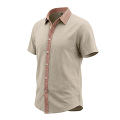 Contrast Collar Linen Blend Shirt - Short Sleeve Casual Shirt