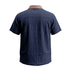 Contrast Collar Linen Blend Shirt - Short Sleeve Casual Shirt