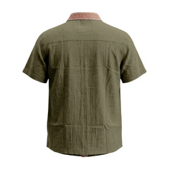 Contrast Collar Linen Blend Shirt - Short Sleeve Casual Shirt