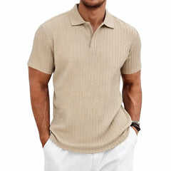 Jacquard Knit Polo Shirt – Loose-Fit Short Sleeve Button Casual Top