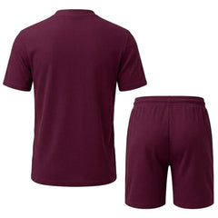 Waffle Stand Collar Button Up Shirt & Drawstring Shorts - 2 Piece Summer Outfit