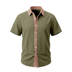Contrast Collar Linen Blend Shirt - Short Sleeve Casual Shirt