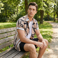 Outdoor lifestyle portrait of men’s modern resort wear ensemble