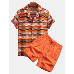 Patterned shirt and orange shorts on a white background