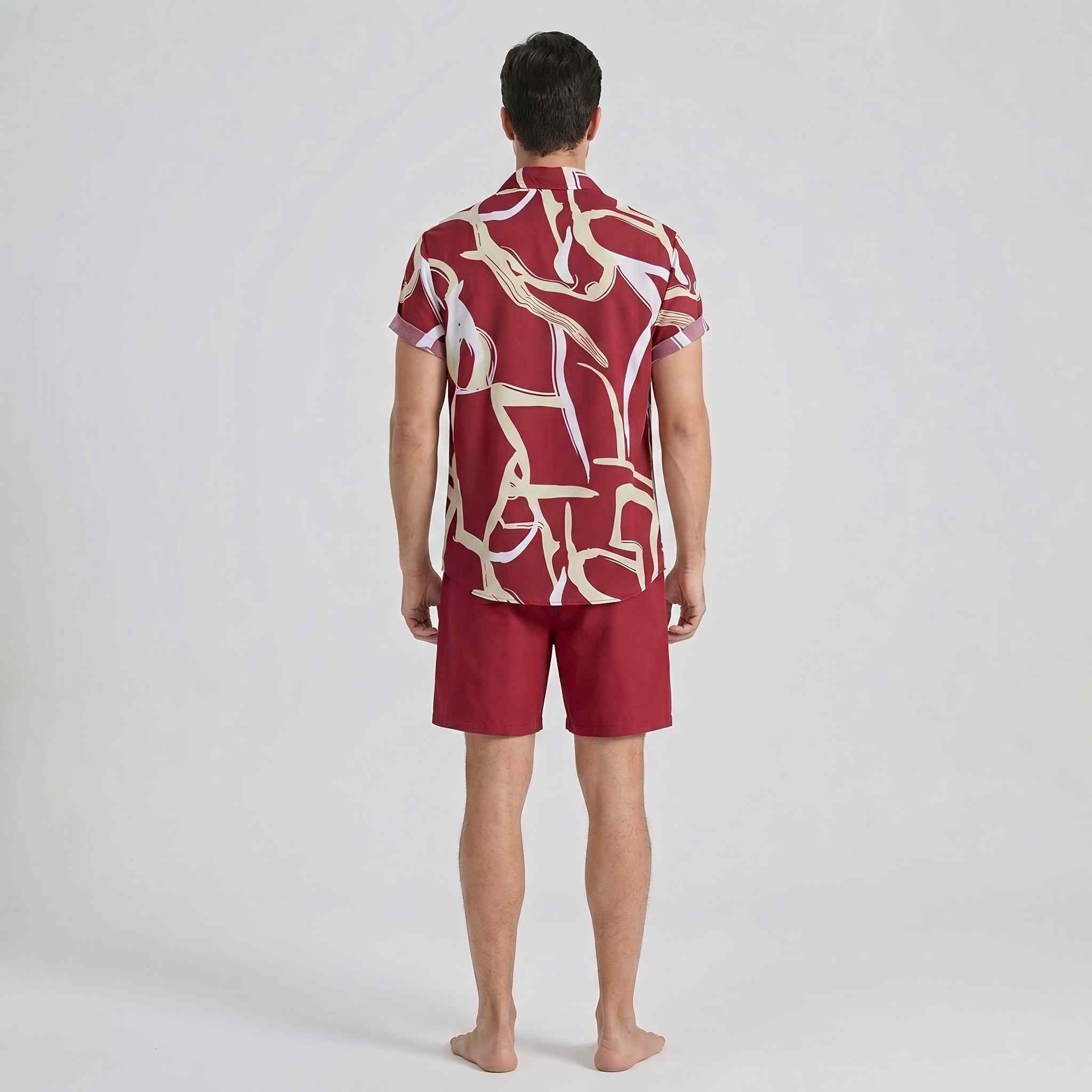 Rear view of men’s abstract print vacation outfit set