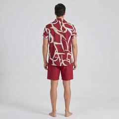 Rear view of men’s abstract print vacation outfit set