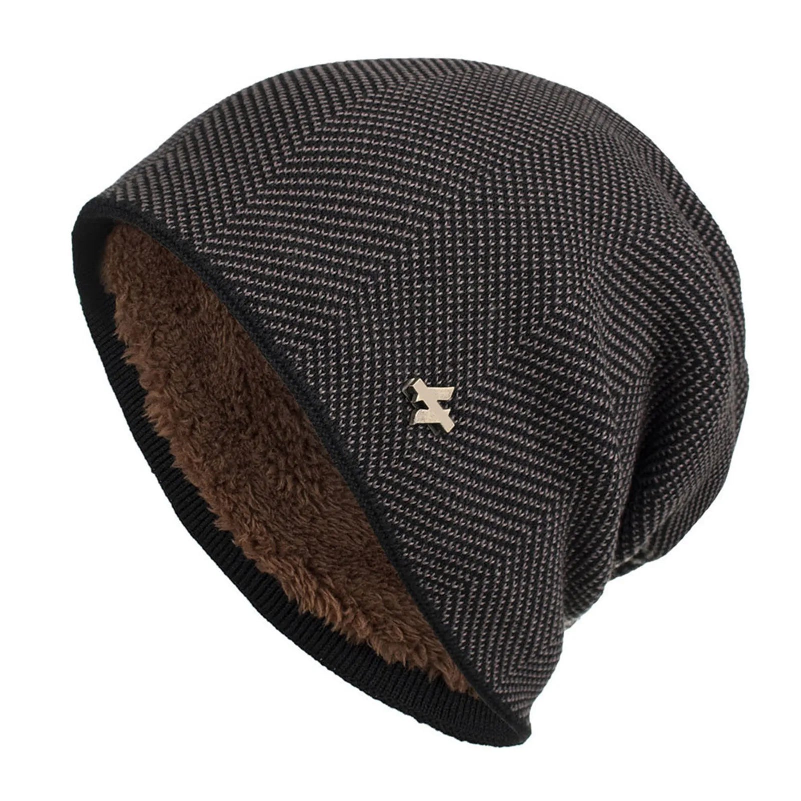 Coffee fleece-lined slouchy knit beanie