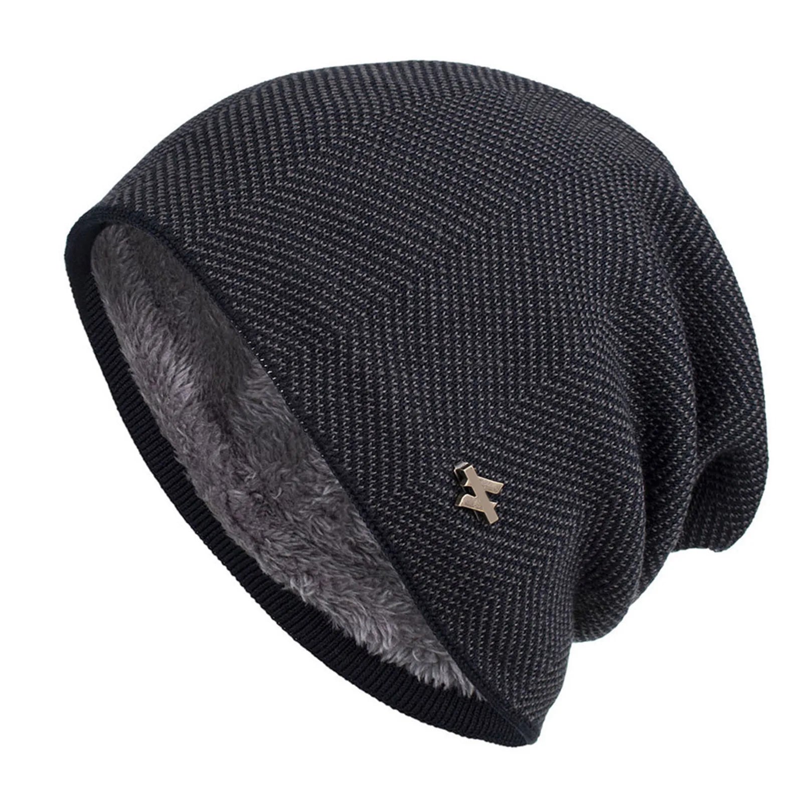 Grey fleece-lined slouchy knit beanie