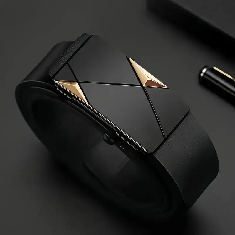Black automatic buckle belt with gold accents