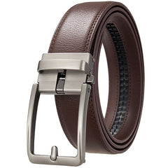 Brown ratchet belt with brushed metal pin-style buckle
