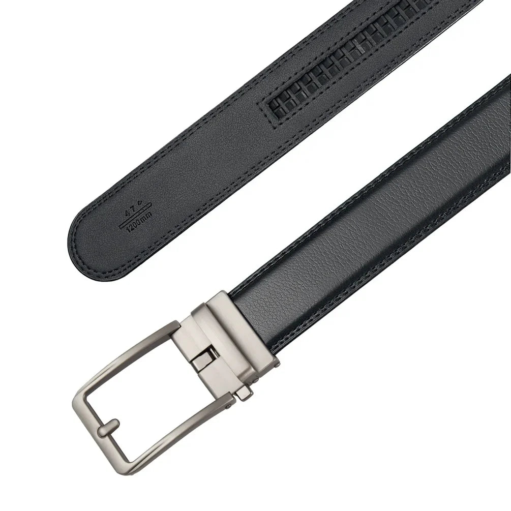 Black ratchet belt showing the ratchet track on the back of the strap