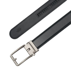 Black ratchet belt showing the ratchet track on the back of the strap