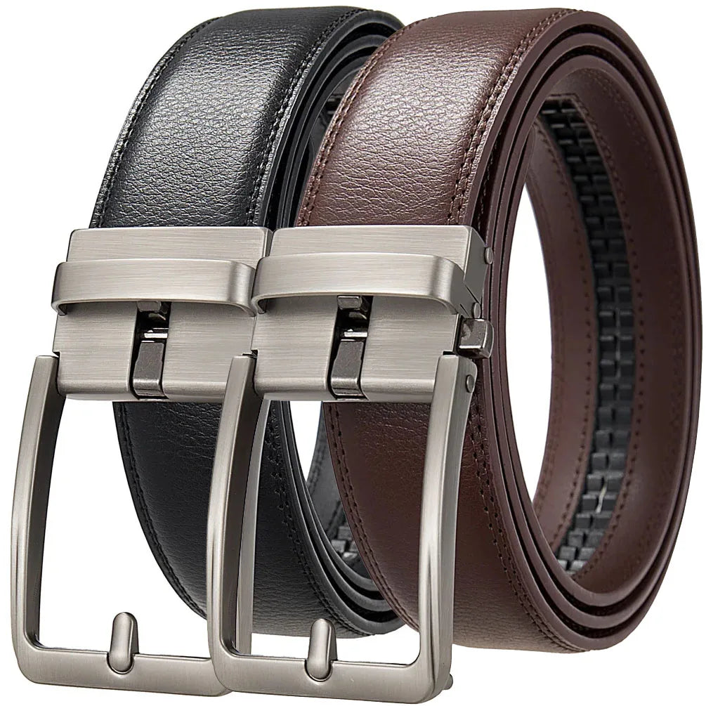 MannerCo men's ratchet belts with pin-style buckle in black and brown